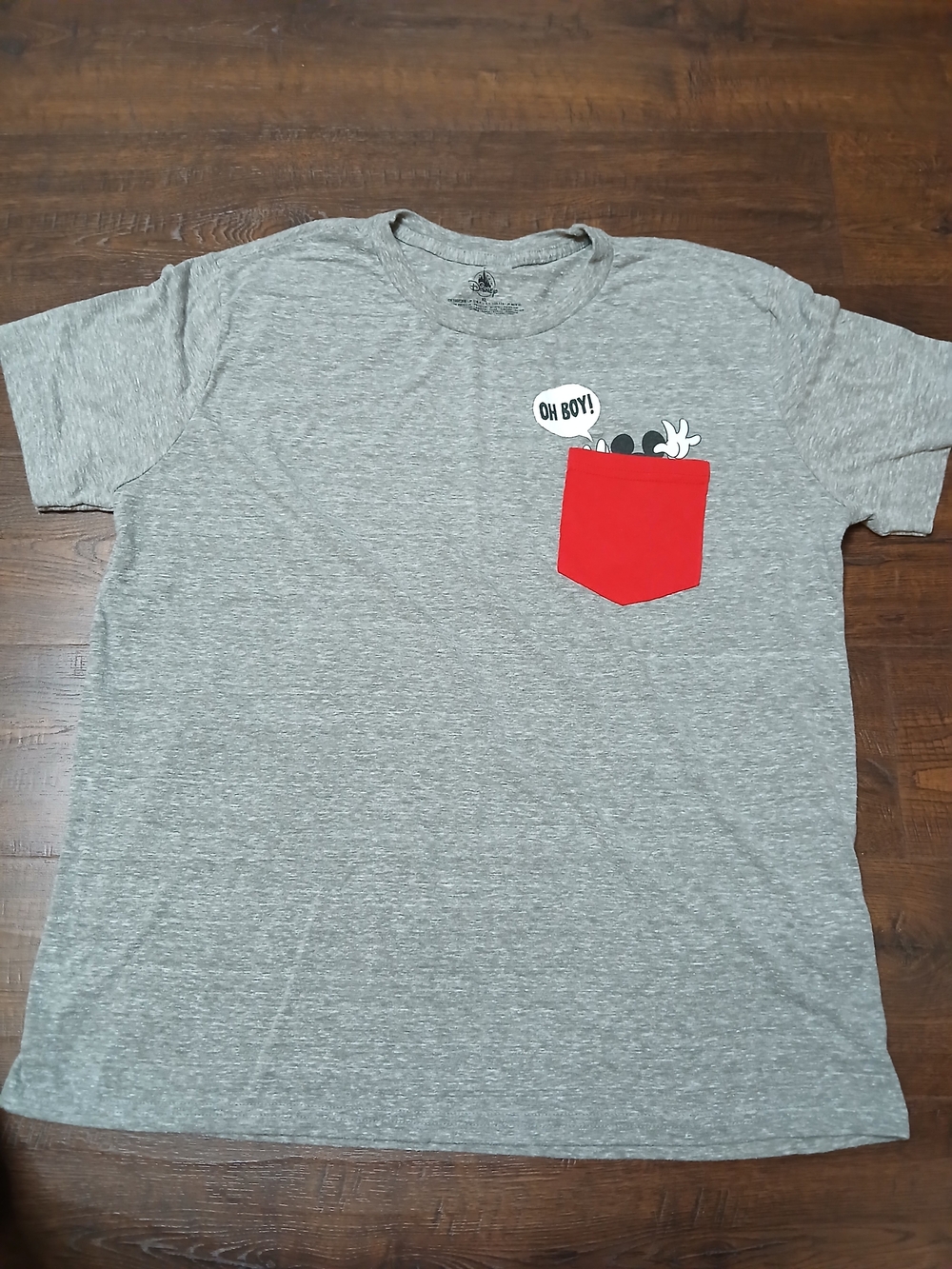 Disney Mickey Mouse Gray Red XL T-Shirt 'Oh Boy!' Red Pocket Adult